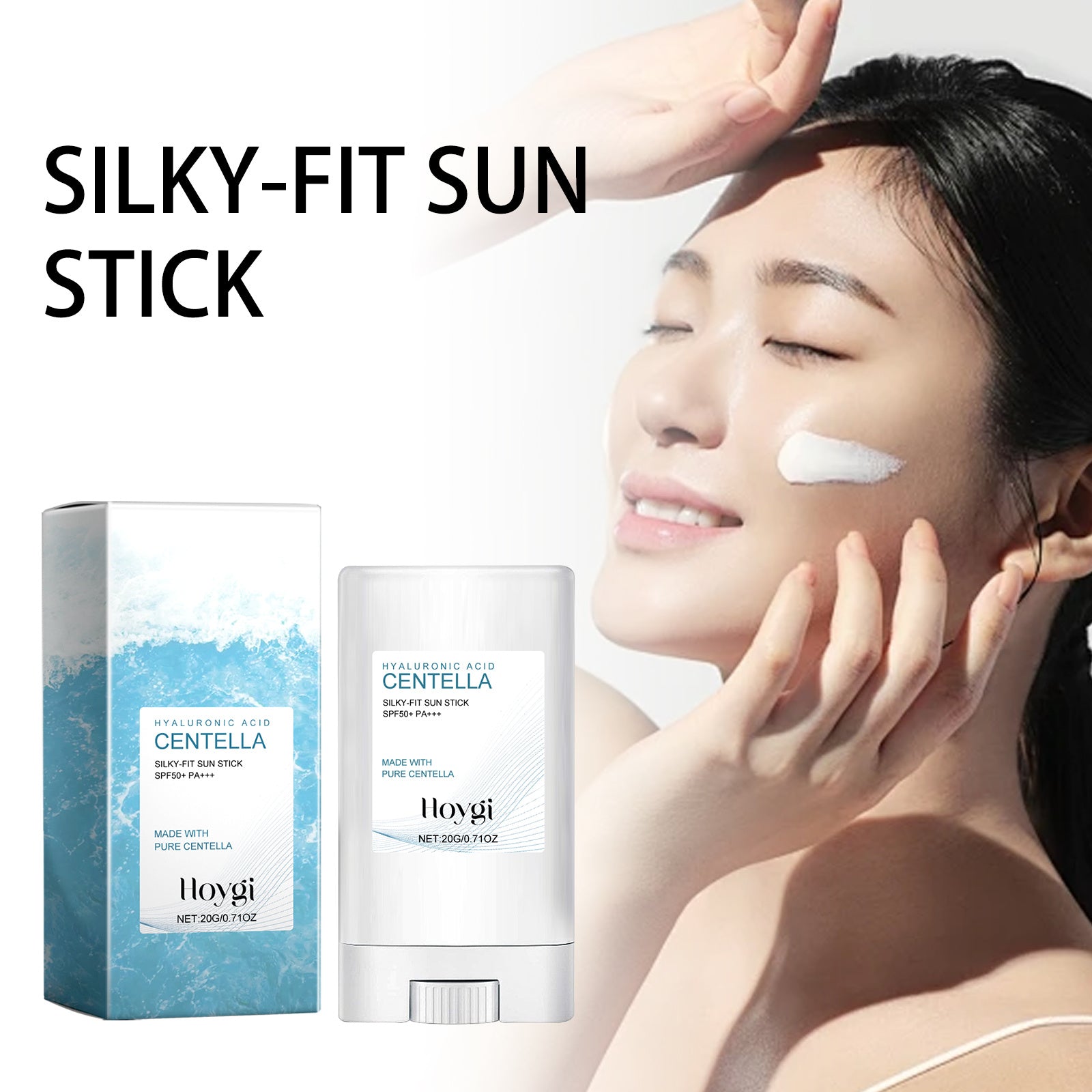 Hlaygi Centella Silky-Fit Sun Stick with packaging and a model applying it to her face.