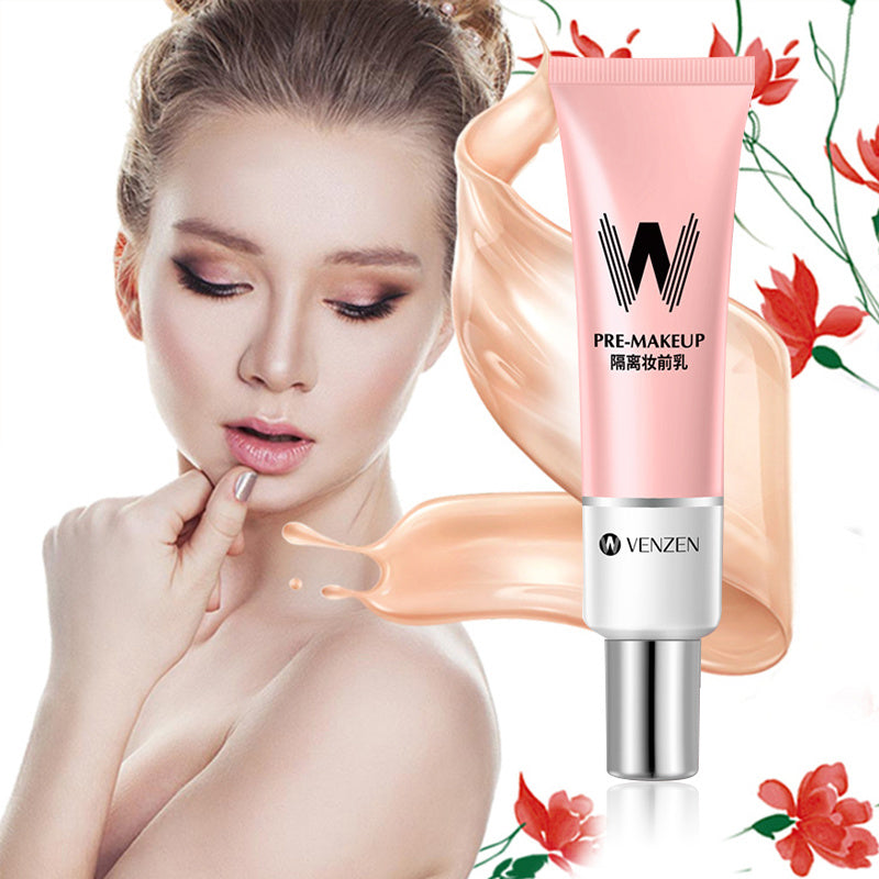 Pink skincare product with a woman applying it on her face, surrounded by floral elements.