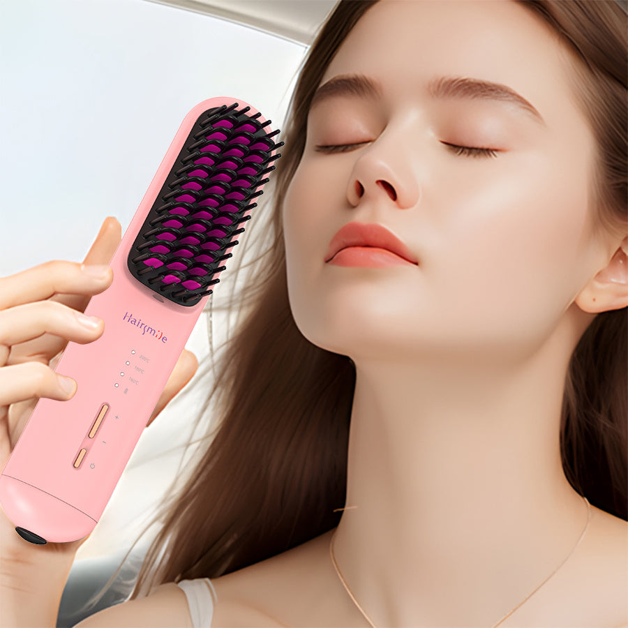 Woman using a pink hairbrush with purple bristles, close-up of face and product.
