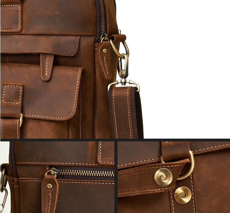Collage of a brown leather bag with close-up details on a white background
