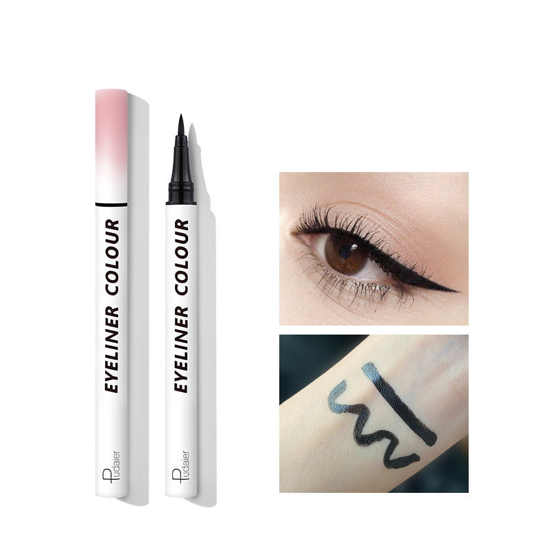 Eyeliner pen with packaging and application examples on a white background