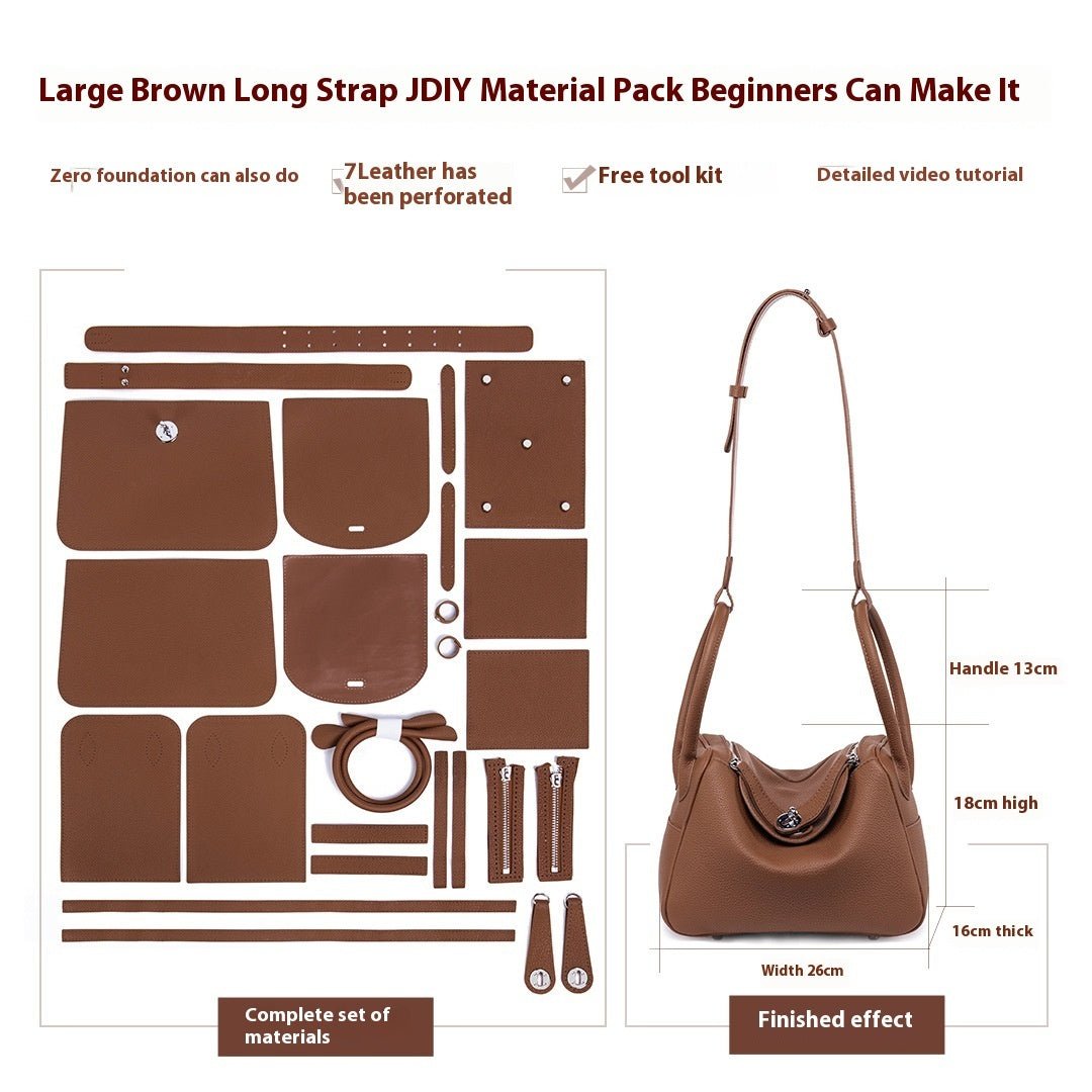 Brown leather handbag material pack with components and finished product on a white background