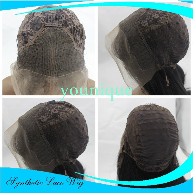 Collage of a synthetic lace wig with 'younique' branding on a white background.