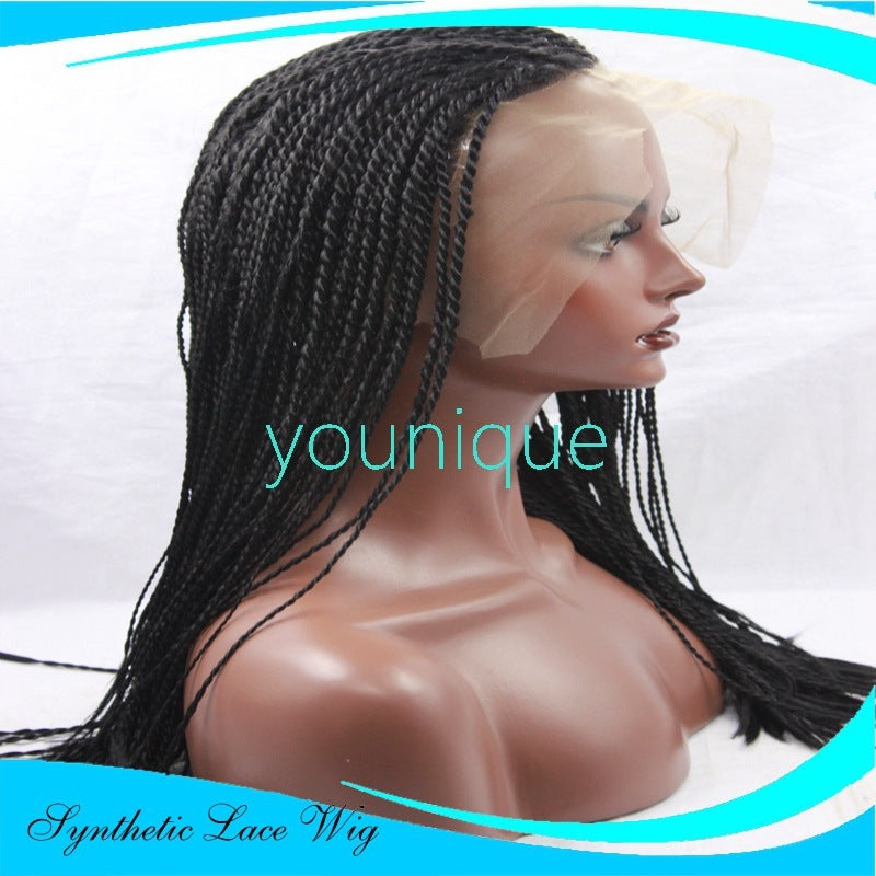 Mannequin head with synthetic lace wig on a white background, featuring the brand 'younique'.