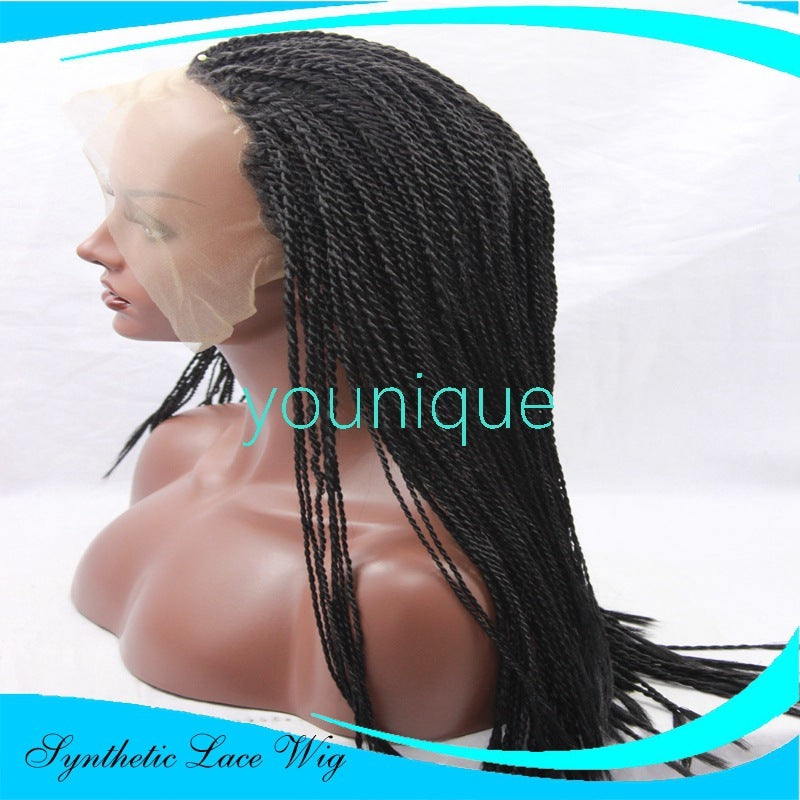 Mannequin head with a synthetic lace wig on a white background, featuring the brand 'younique'.