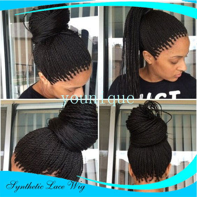 Collage of a woman with styled hair, featuring a synthetic lace wig brand name.