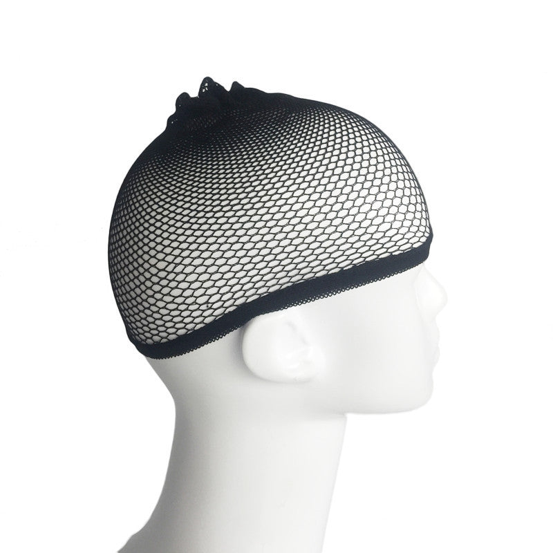 Black fishnet cap on a mannequin head against a white background