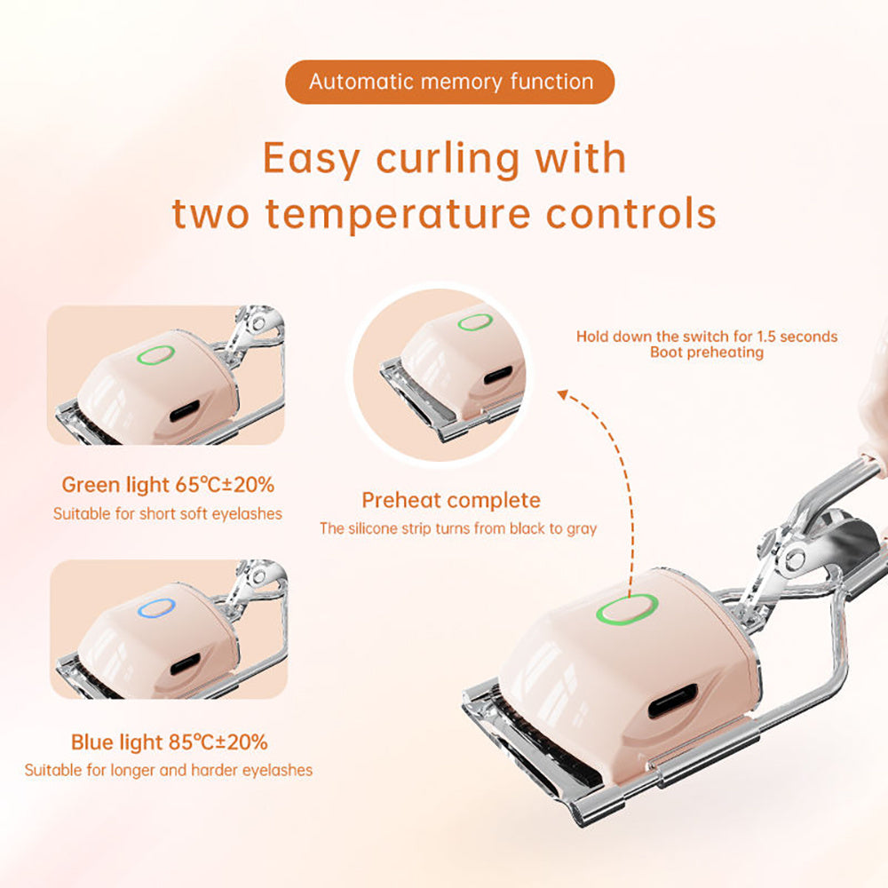 Eyelash curler with temperature control indicators on a light background
