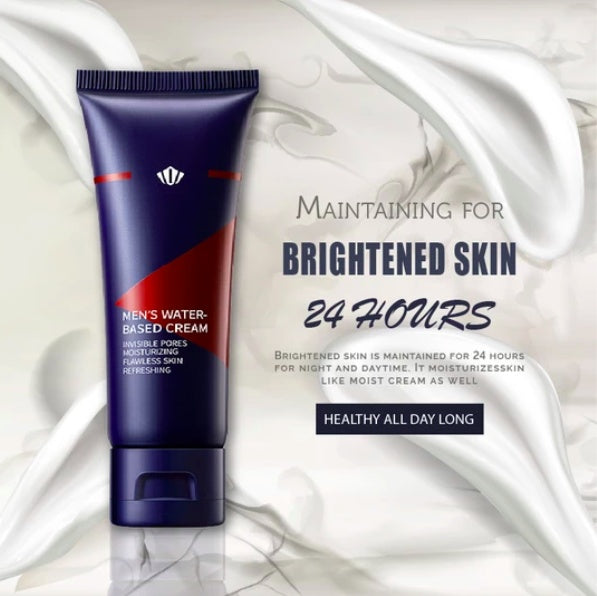 Tube of men's water-based cream with text on a white background