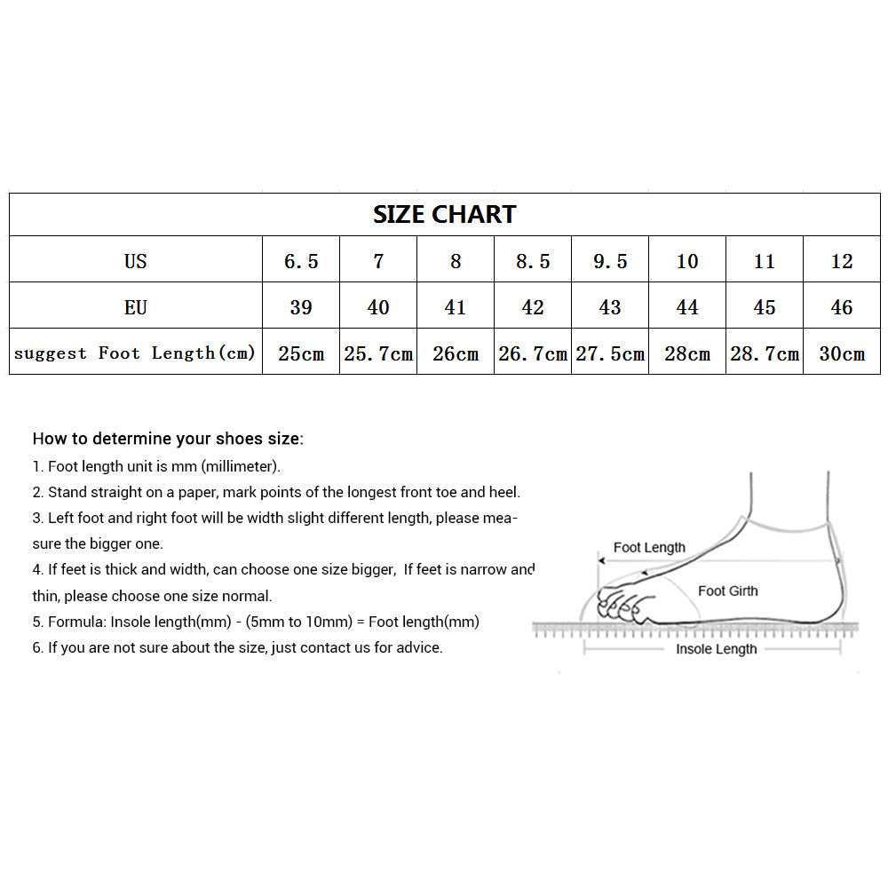 Shoe size chart with measurements for US and EU sizes, and a diagram of foot length measurement.