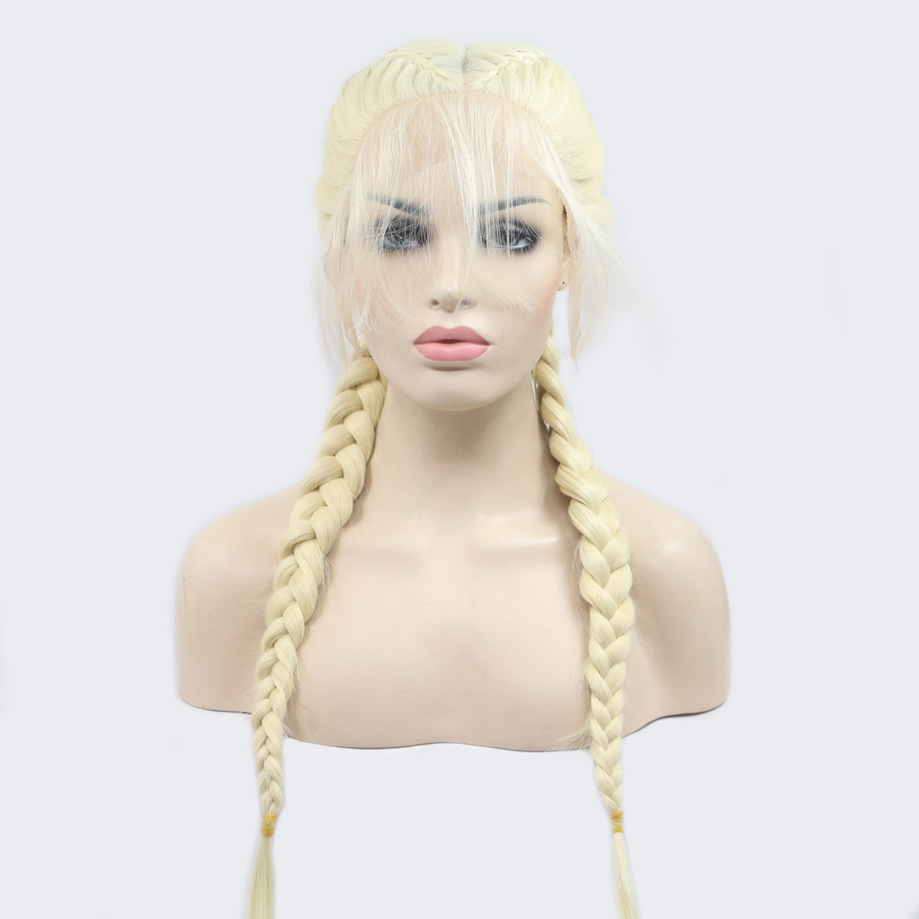 Blonde braided wig on a mannequin head against a white background