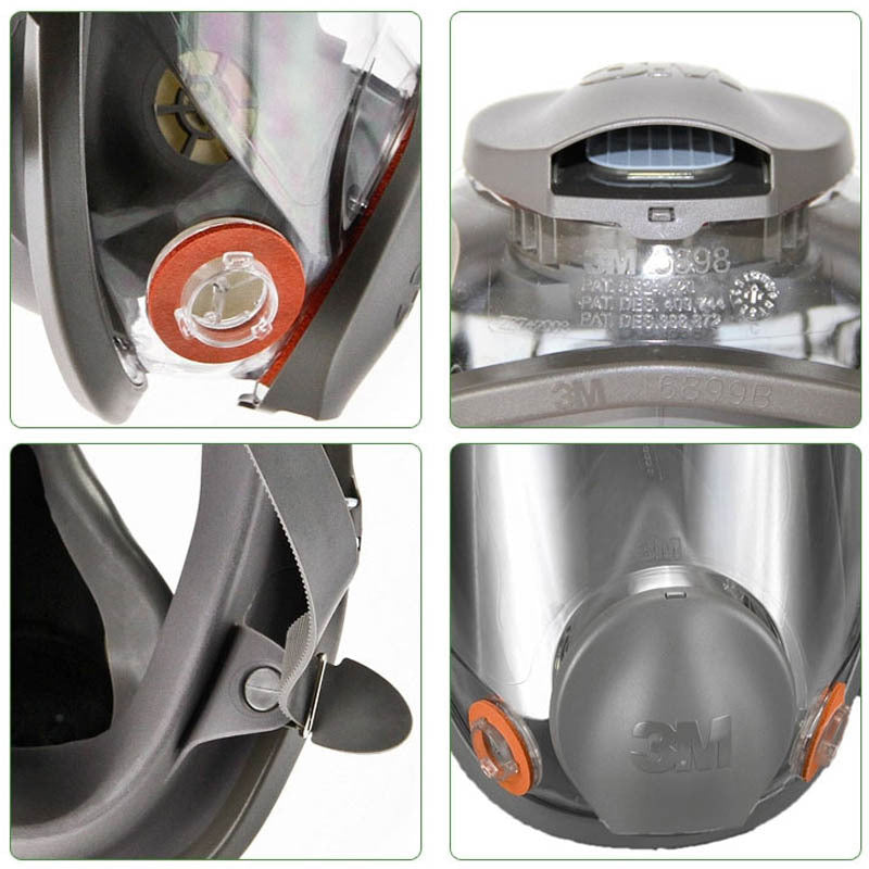 Collage of a 3M safety mask with close-up details on a white background