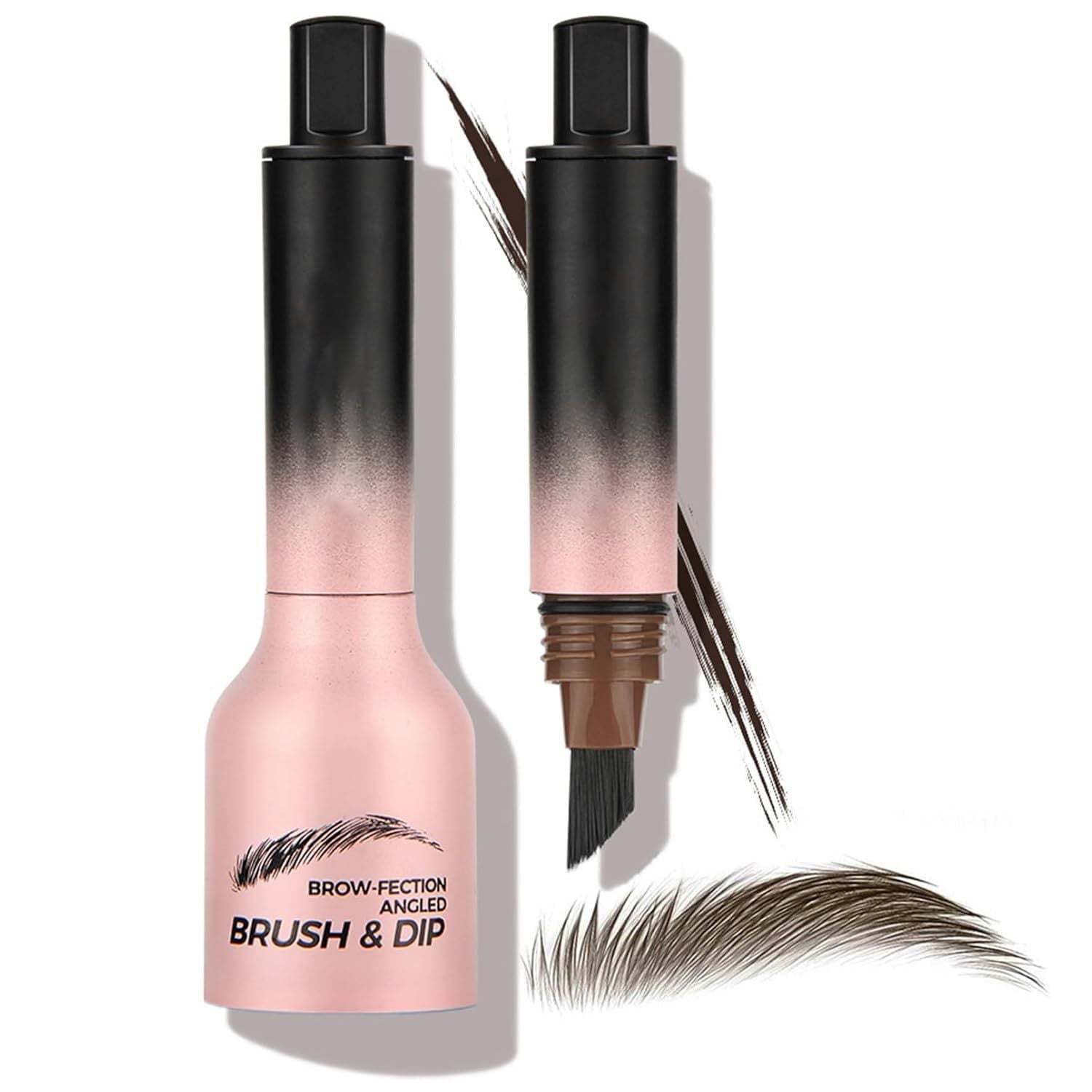 Brow pencil with pink and black gradient design on a white background