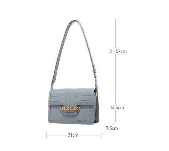 Gray handbag with measurements on a white background