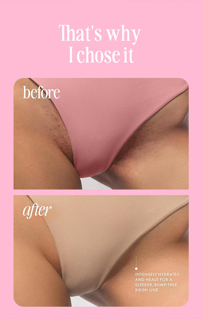 Before and after comparison of a pink bikini on a pink background with text.