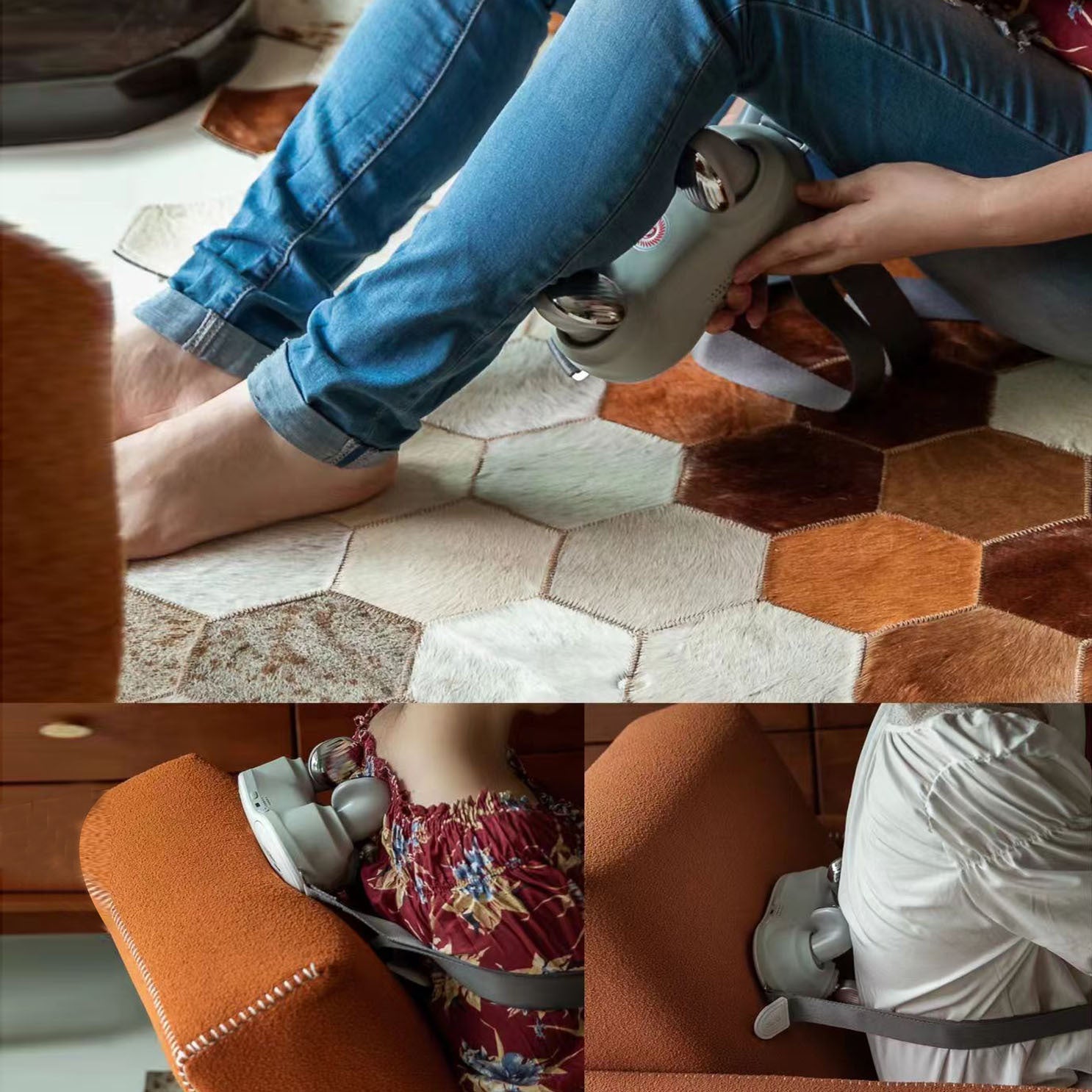 Collage of a person using a foot pedal exerciser on different surfaces.