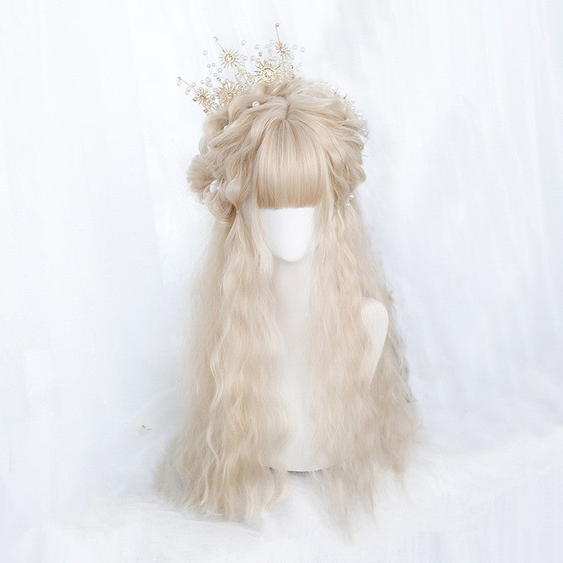 Blonde wig with intricate hair accessories on a white background