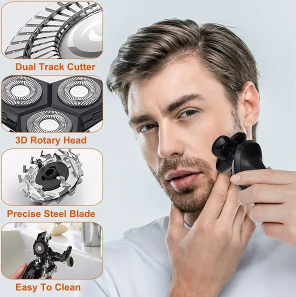 Man using a beard trimmer with close-up details of its features on a light gray background