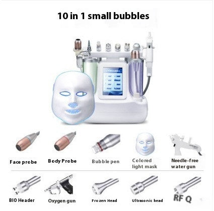 Facial rejuvenation device with various attachments on a white background