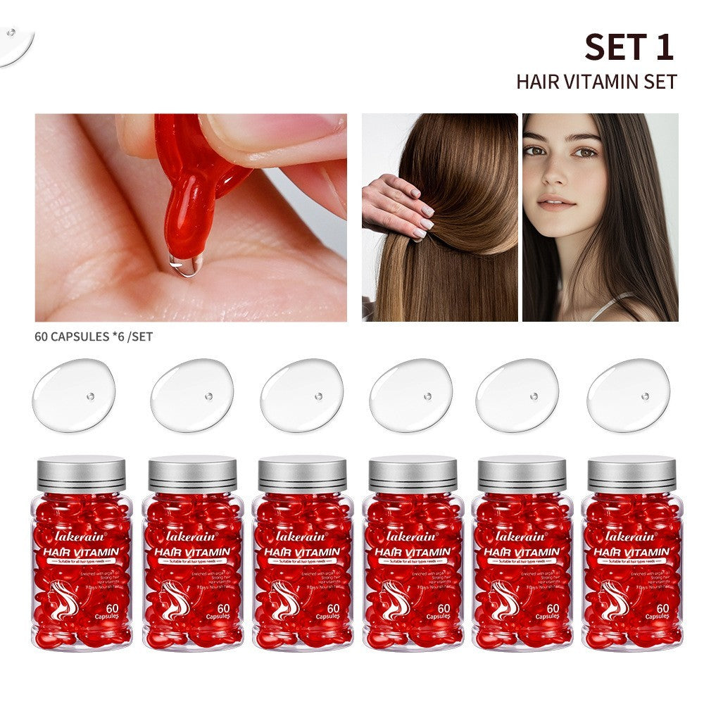 Hair vitamin set with capsules and a woman with long hair, labeled 'Set 1'.