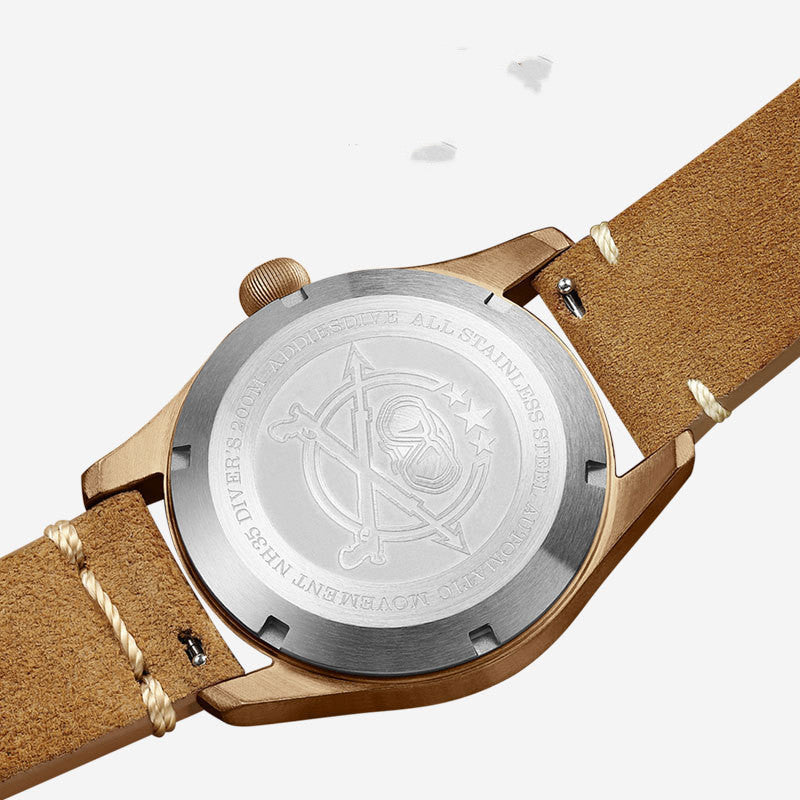 Close-up of a watch with a brown leather strap and silver case on a white background