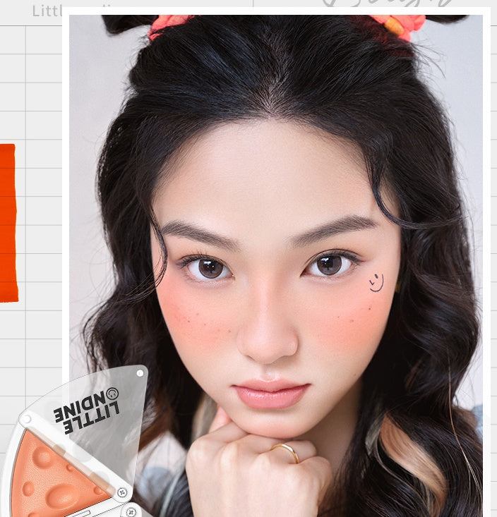 Woman with makeup product and color swatch in the foreground