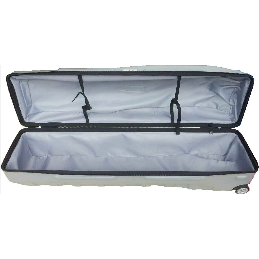 Open suitcase with wheels on a white background