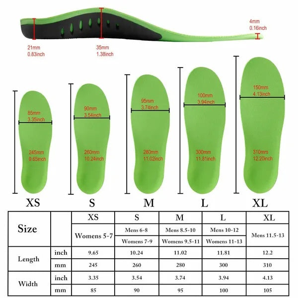 Green insole with measurements and size chart on a white background