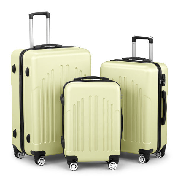Set of three beige suitcases with black handles and wheels on a white background