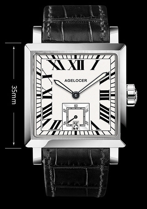 Watch with black leather strap and silver case on a transparent background