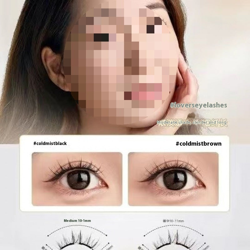 Eyelash product advertisement with a model wearing false eyelashes and color options displayed.