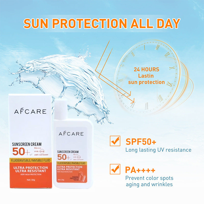 AFCARE sunscreen cream packaging with water splash and clock graphic on a blue background