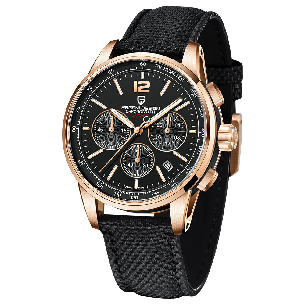 Luxury watch with black strap and rose gold casing on a white background