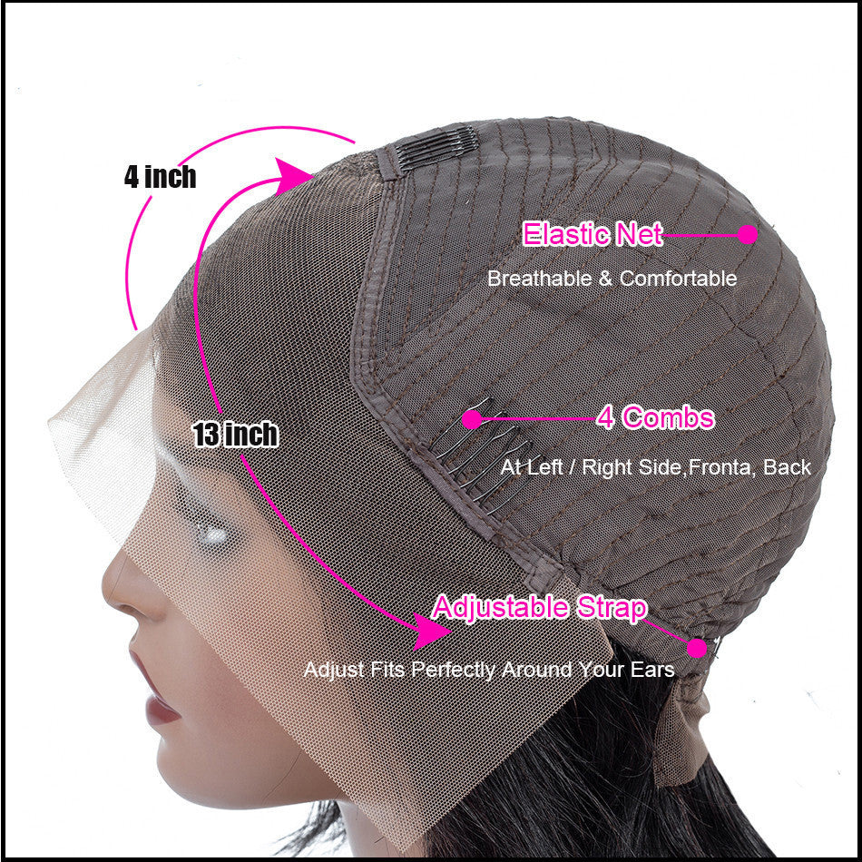 Gray wig cap with features labeled on a white background