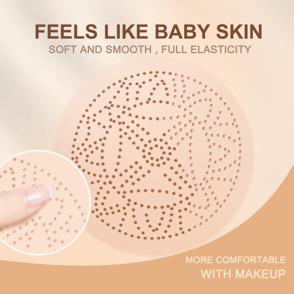 Textured surface with circular pattern and hand touch, emphasizing 'Feels Like Baby Skin' and product benefits.