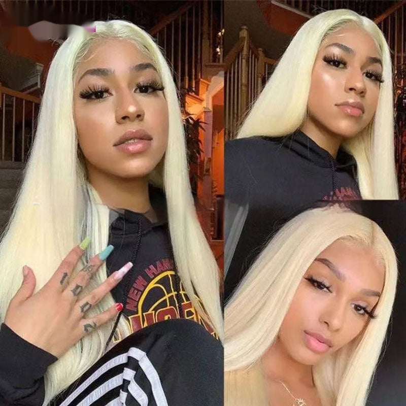 Collage of a woman with long blonde hair in various poses.