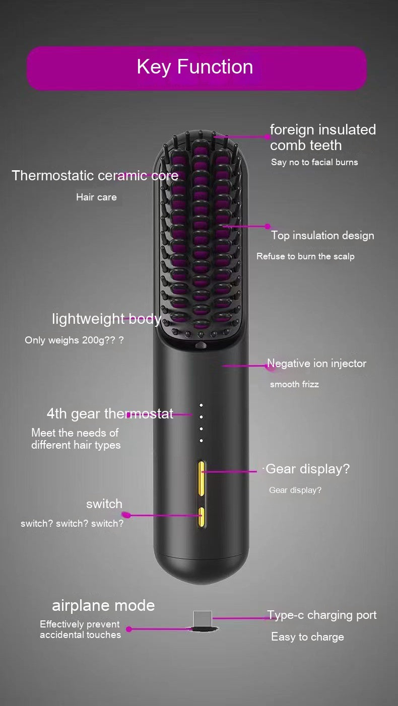 Black hairbrush with labeled features on a gray background