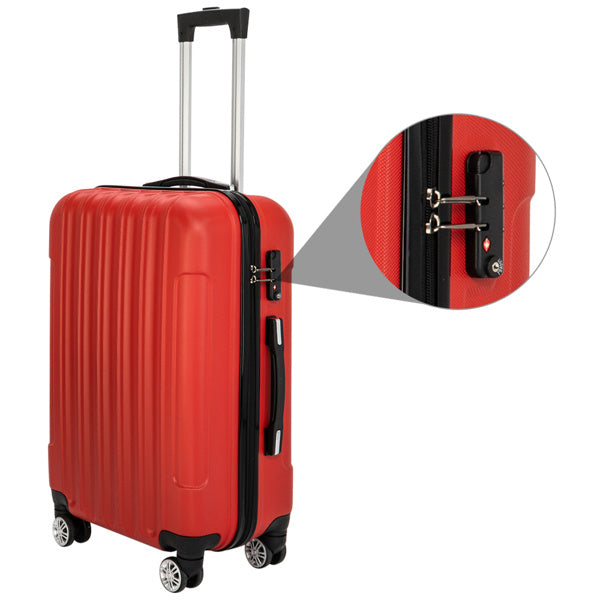 Red suitcase with a close-up of the handle on a white background