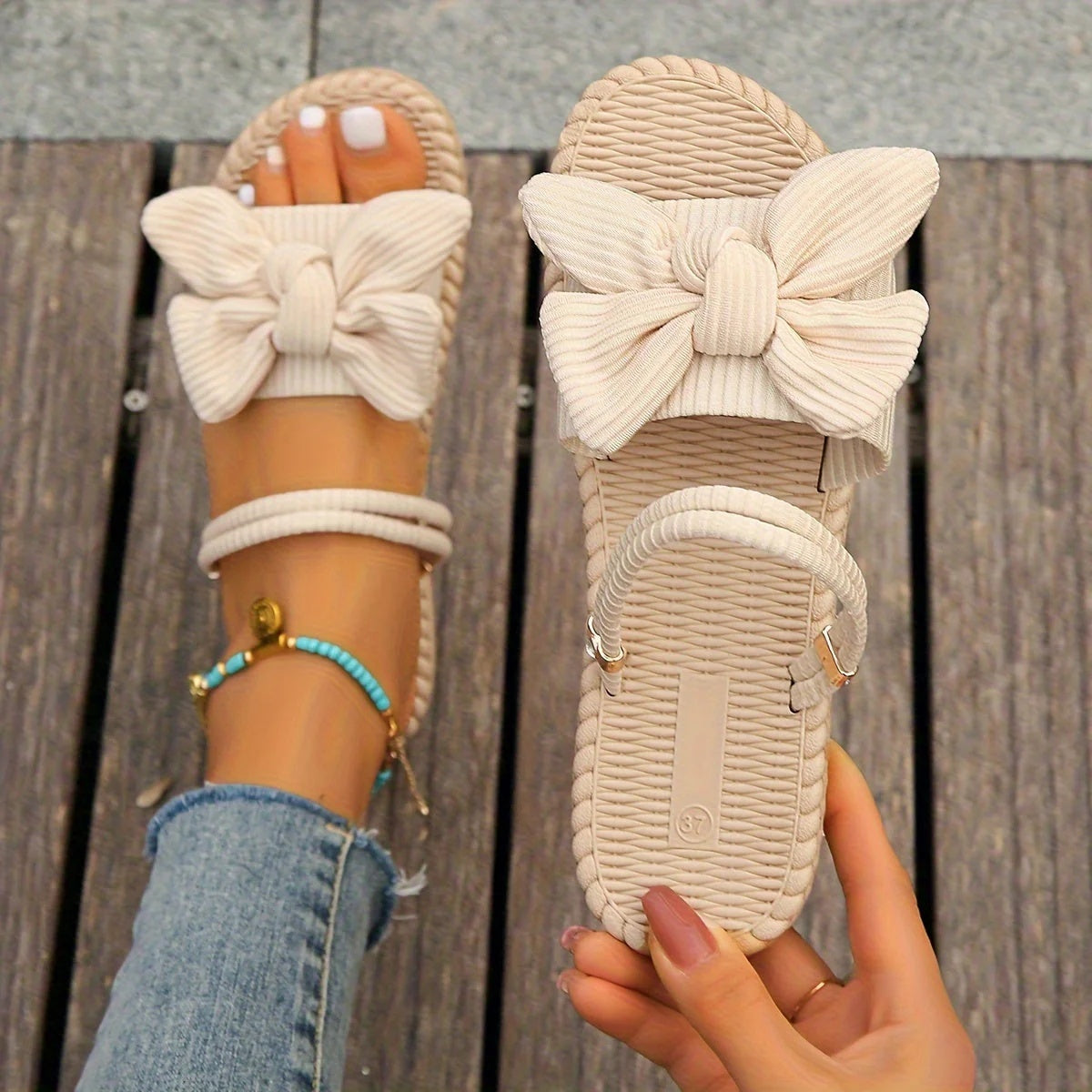 Creamy-White Bowknot Flat Slippers, Sizes 36-44