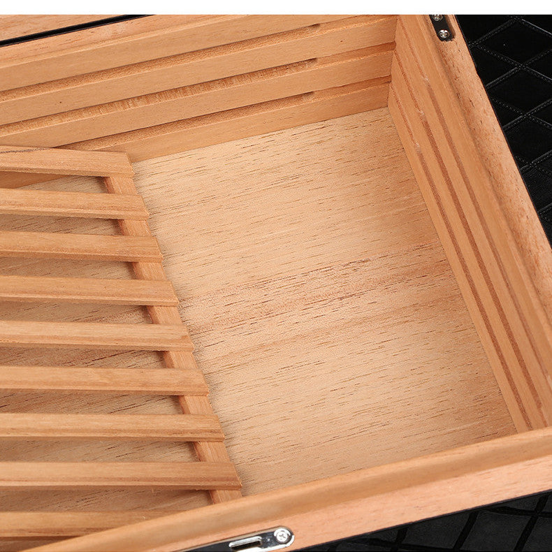 Wooden drawer with slatted design on a black background