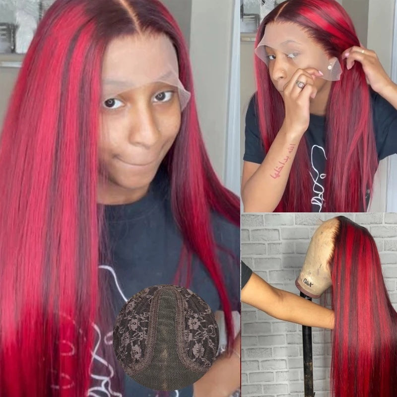 Person with red hair styled in a wig, showing different angles and close-up of the lace front.