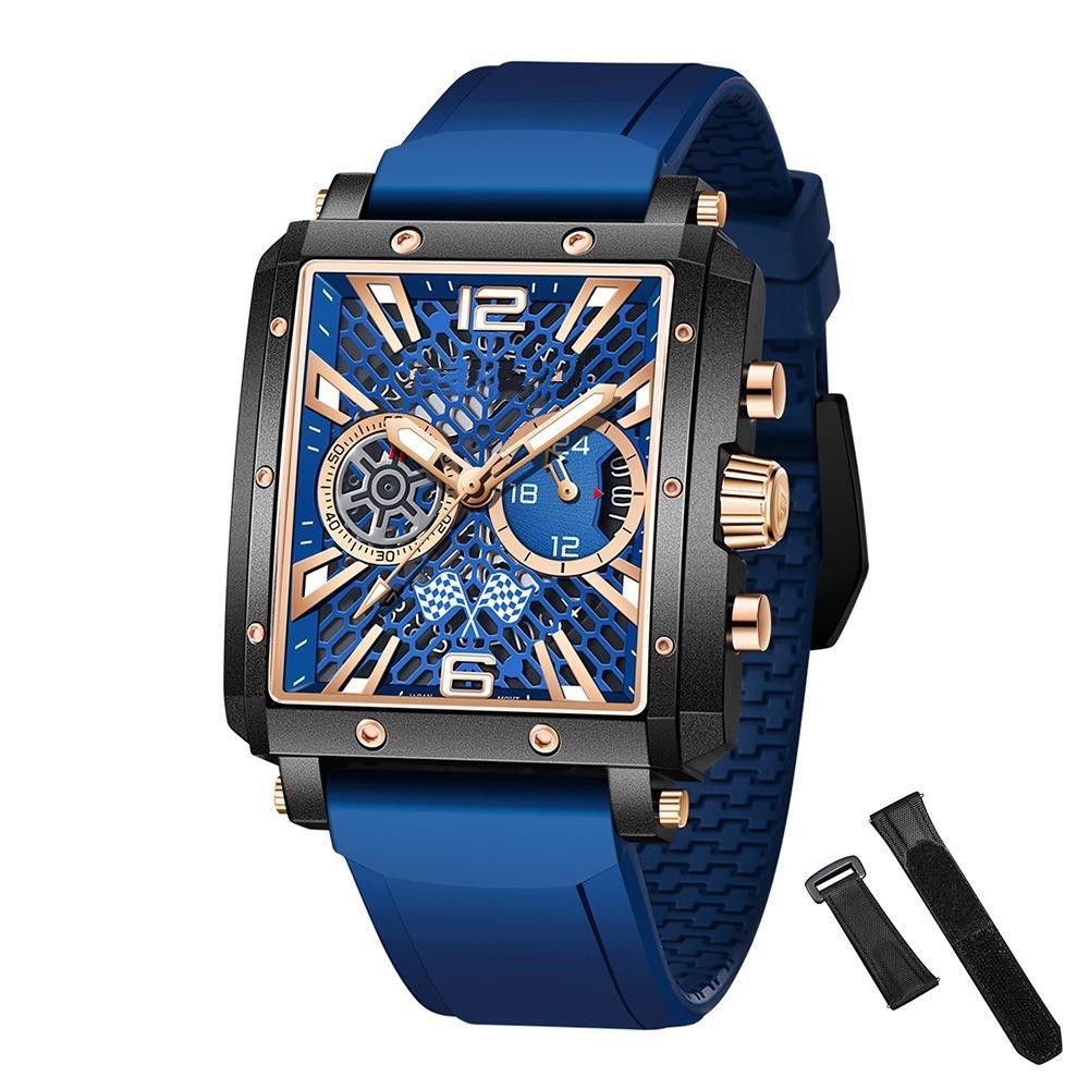 Blue watch with detailed face and matching strap on a white background