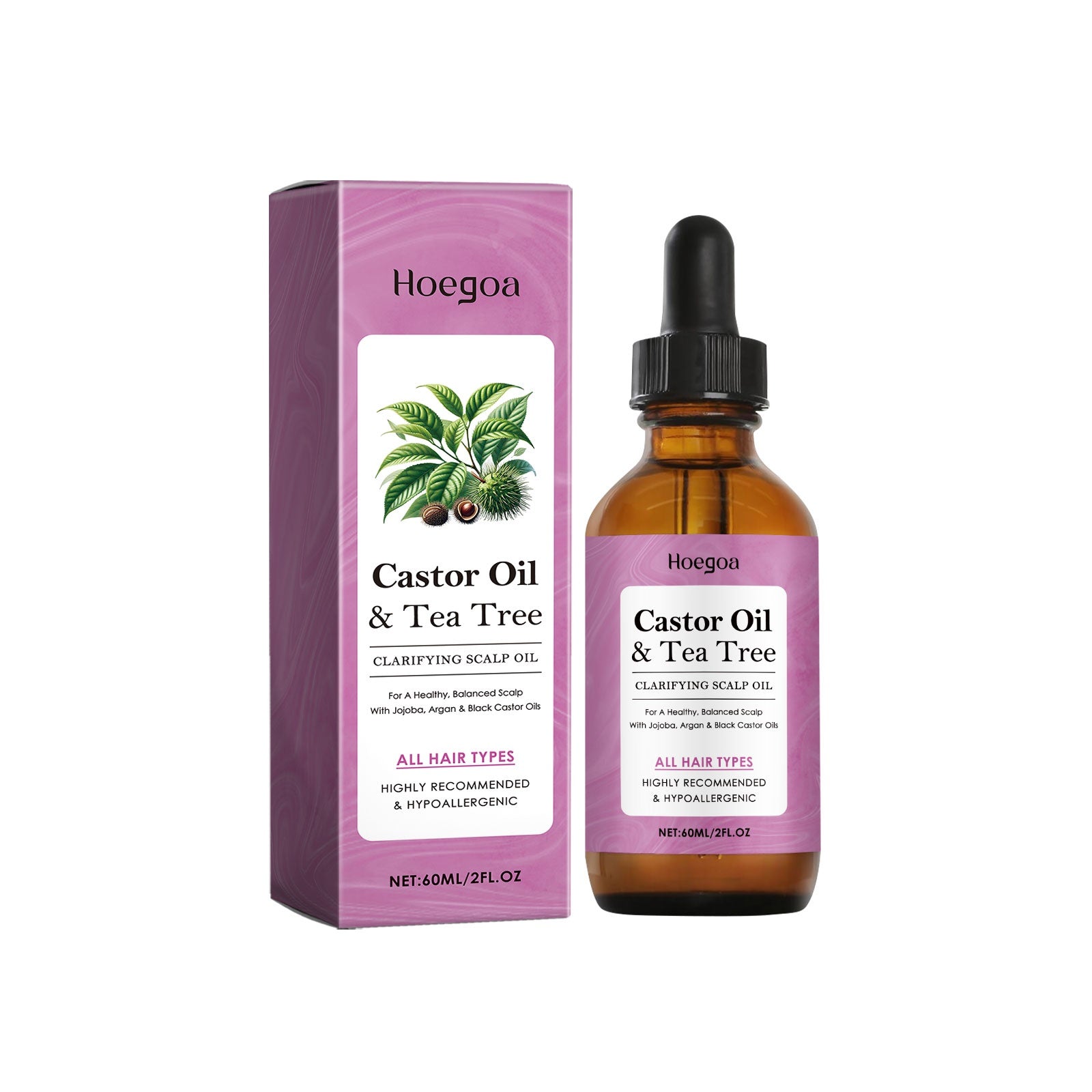 Hoega Castor Oil & Tea Tree oil bottle and packaging on a white background