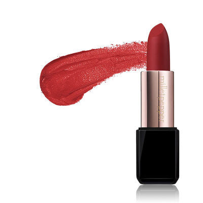 Red lipstick with a swatch on a white background