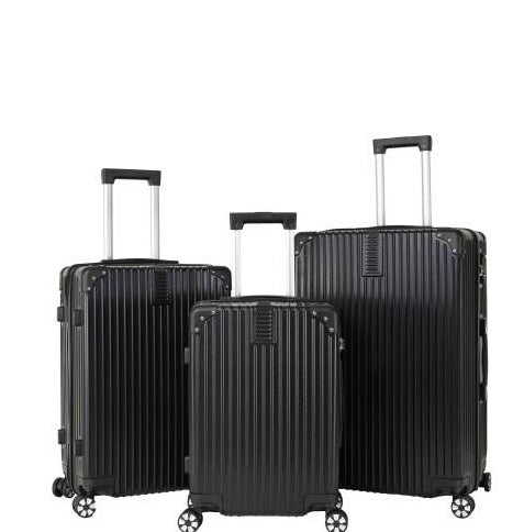 Three black suitcases of different sizes on a white background