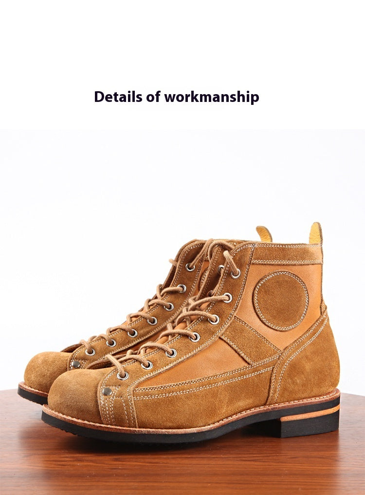 Brown work boots on a wooden surface with 'Details of workmanship' text.