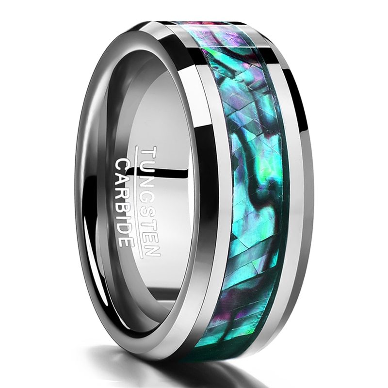 Tungsten carbide ring with abalone shell inlay on a white background