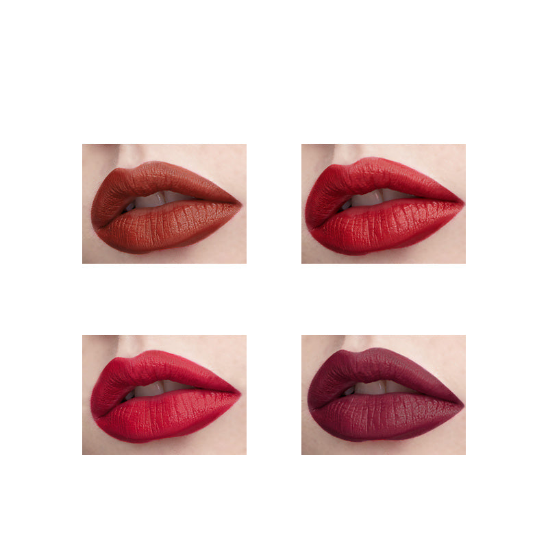 Four different shades of red lipstick on lips against a white background