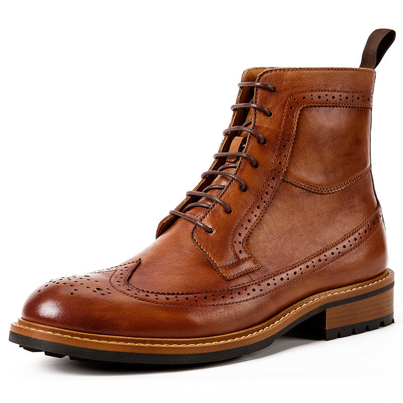 Brown leather brogue boot on a white background
