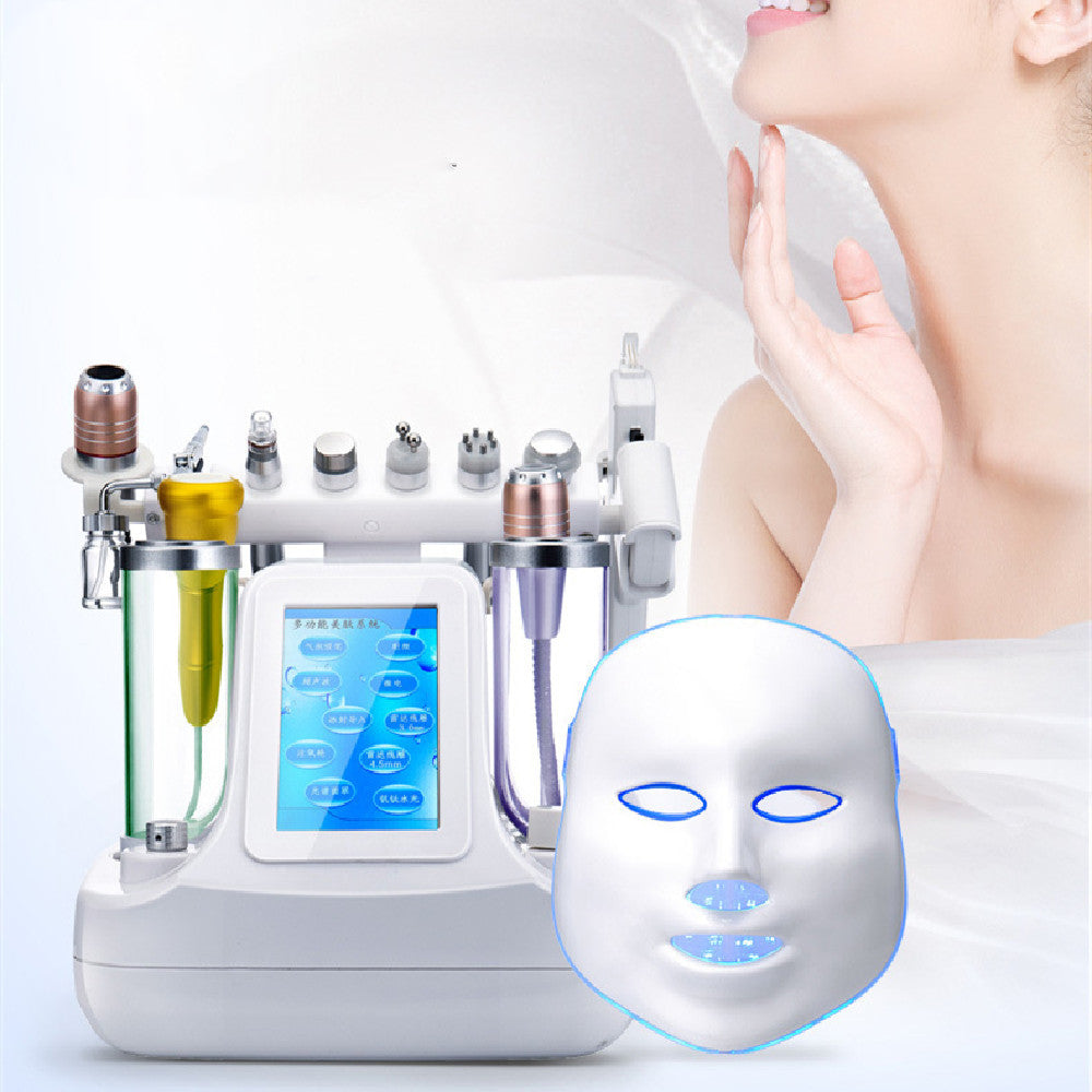 Skincare device with multiple nozzles and a digital display, next to a person touching their face.